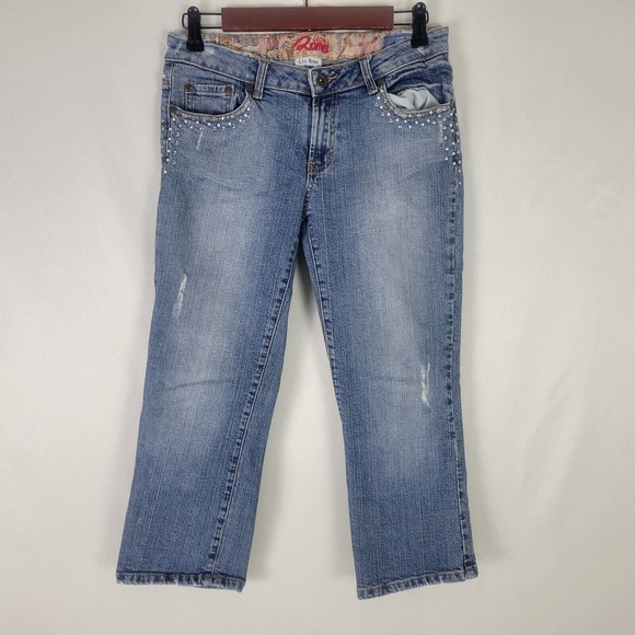 Leo Roma Juniors Jeans 7 Low Rise Capri Womens Studded Distressed Blue‎ Denim - Picture 1 of 16
